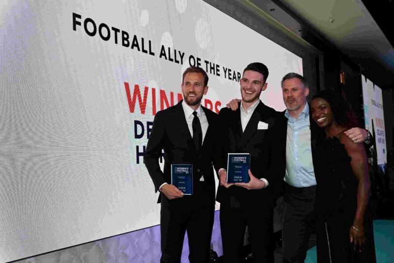 Declan Rice Arsenal transfers - LONDON, ENGLAND - MAY 25: Declan Rice & Harry Kane (C) win Football Ally of the Year award during the Women's Football Awards 2023 at Nobu Hotel on May 25, 2023 in London, England. (Photo by Kate Green/Getty Images)