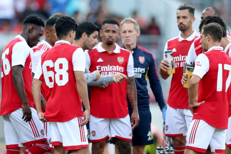 NUREMBERG, GERMANY - JULY 08: Mikel Arteta, head coach of Arsenal talks to his players during the pre-season friendly match between 1. FC Nürnberg and Arsenal F.C. at Max-Morlock-Stadion on July 08, 2022 in Nuremberg, Germany. (Photo by Alexander Hassenstein/Getty Images)