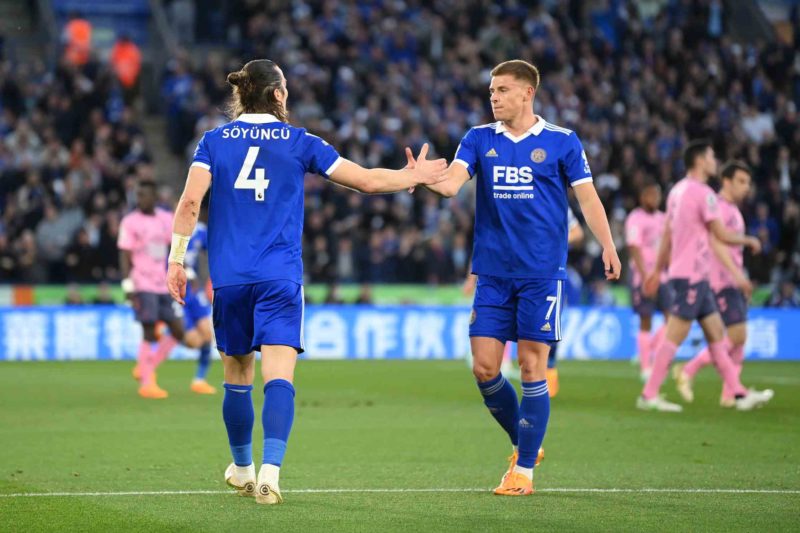 LEICESTER, ENGLAND - MAY 01: Caglar Soyuncu of Leicester City celebrates with teammate Harvey Barnes of Leicester City after scoring the team's first goal during the Premier League match between Leicester City and Everton FC at The King Power Stadium on May 01, 2023 in Leicester, England. (Photo by Michael Regan/Getty Images)