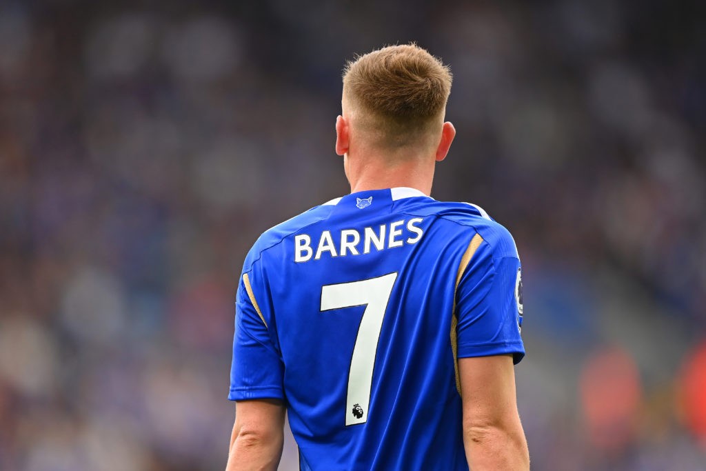 LEICESTER, ENGLAND - MAY 28: Harvey Barnes of Leicester looks on during the Premier League match between Leicester City and West Ham United at The King Power Stadium on May 28, 2023 in Leicester, England. (Photo by Michael Regan/Getty Images)