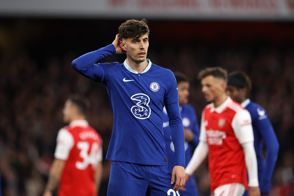 LONDON, ENGLAND: Kai Havertz of Chelsea reacts during the Premier League match between Arsenal FC and Chelsea FC at Emirates Stadium on May 02, 2023. (Photo by Alex Pantling/Getty Images)