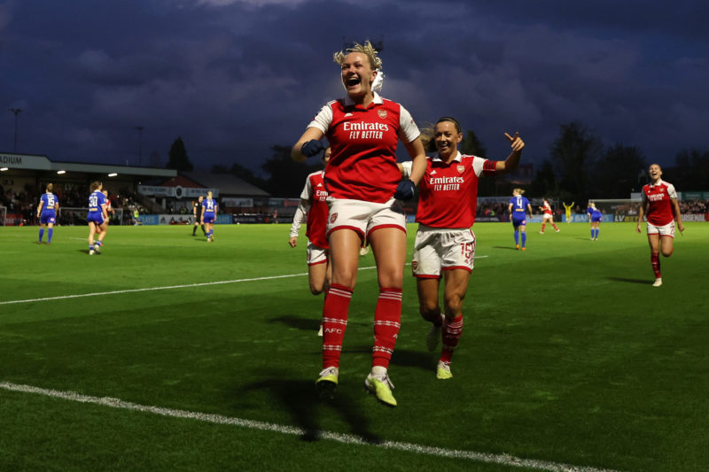 BOREHAMWOOD, ENGLAND - MAY 05: Frida Maanum of Arsenal celebrates after scoring the team's first goal during the FA Women's Super League match between Arsenal and Leicester City at Meadow Park on May 05, 2023 in Borehamwood, England. (Photo by Catherine Ivill/Getty Images)