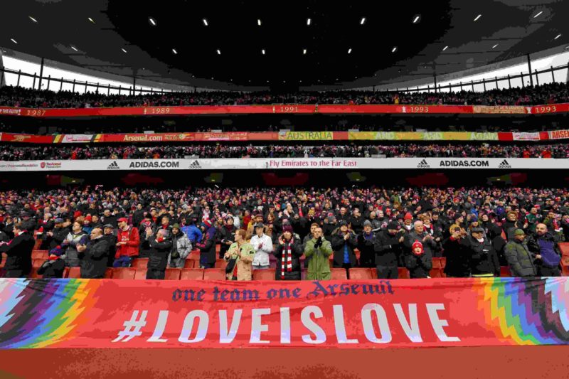 LONDON, ENGLAND - NOVEMBER 27: A rainbow flag is unveiled as clubs show support for the Stonewall Rainbow Laces campaign prior to the Premier League match between Arsenal and Newcastle United at Emirates Stadium on November 27, 2021 in London, England. (Photo by Richard Heathcote/Getty Images)