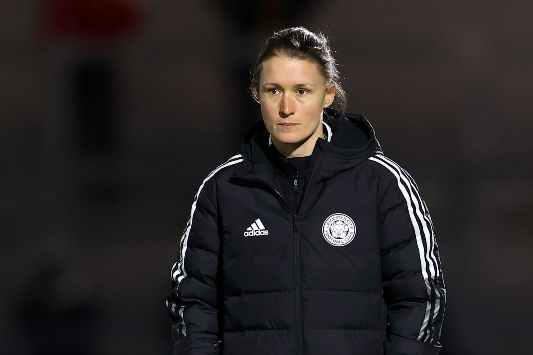BOREHAMWOOD, ENGLAND - DECEMBER 12: Lydia Bedford, Manager of Leicester City looks on during the warm up prior to the Barclays FA Women's Super League match between Arsenal Women and Leicester City Women at Meadow Park on December 12, 2021 in Borehamwood, England. (Photo by James Chance/Getty Images)