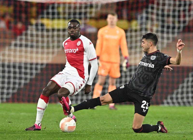 MONACO, MONACO - FEBRUARY 23: Youssouf Fofana of AS Monaco battles for possession with Exequiel Palacios of Bayer 04 Leverkusen during the UEFA Europa League knockout round play-off leg two match between AS Monaco and Bayer 04 Leverkusen at Stade Louis II on February 23, 2023 in Monaco, Monaco. (Photo by Chris Ricco/Getty Images)