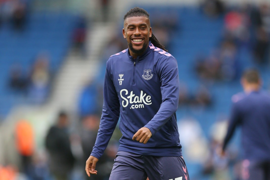 Alex Iwobi Everton Player of the Season - BRIGHTON, ENGLAND - MAY 08: Alex Iwobi of Everton warms up prior to the Premier League match between Brighton & Hove Albion and Everton FC at American Express Community Stadium on May 08, 2023 in Brighton, England. (Photo by Steve Bardens/Getty Images)
