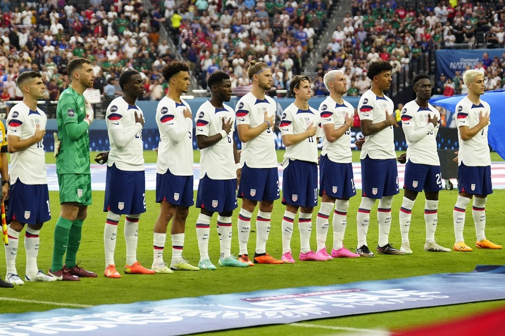 LAS VEGAS, NEVADA: Team USA sings the national anthem prior to the start of the game against Canada during the 2023 CONCACAF Nations League final at Allegiant Stadium on June 18, 2023. (Photo by Louis Grasse/Getty Images)