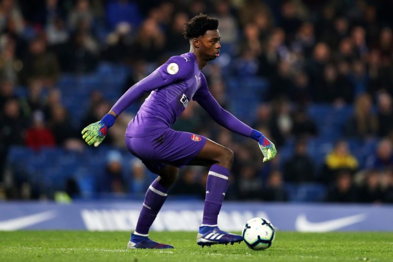 LONDON, ENGLAND - APRIL 15:   Arthur Okonkwo of Arsenal in action during the Premier League 2 match between Chelsea and Arsenal at Stamford Bridge on April 15, 2019 in London, England. (Photo by Naomi Baker/Getty Images)