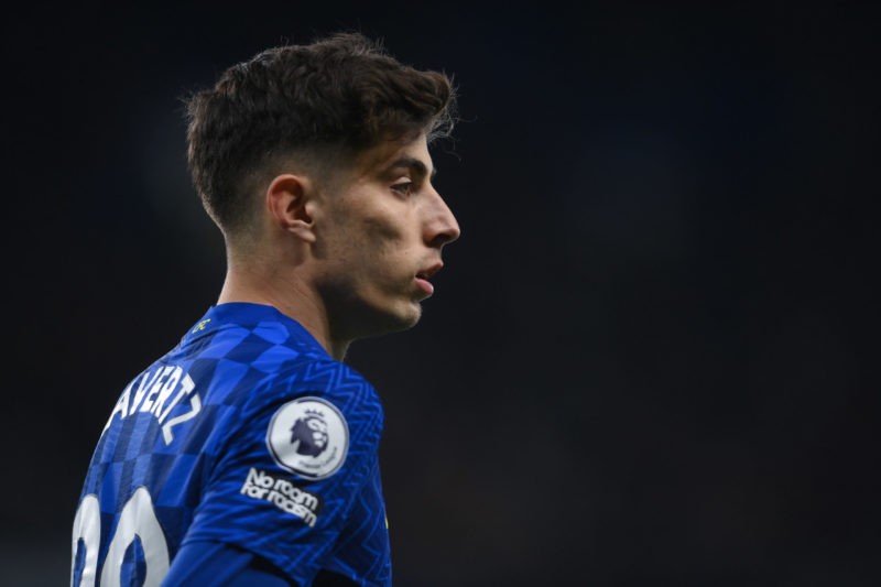 LONDON, ENGLAND - APRIL 20: Kai Havertz of Chelsea looks on during the Premier League match between Chelsea and Arsenal at Stamford Bridge on April 20, 2022 in London, England. (Photo by Mike Hewitt/Getty Images)