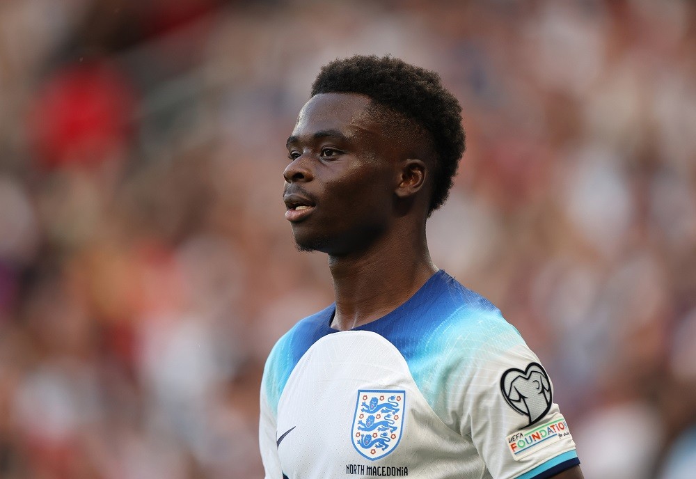 MANCHESTER, ENGLAND: Bukayo Saka of England during the UEFA EURO 2024 qualifying round group C match between England and North Macedonia at Old Trafford on June 19, 2023. (Photo by Catherine Ivill/Getty Images)