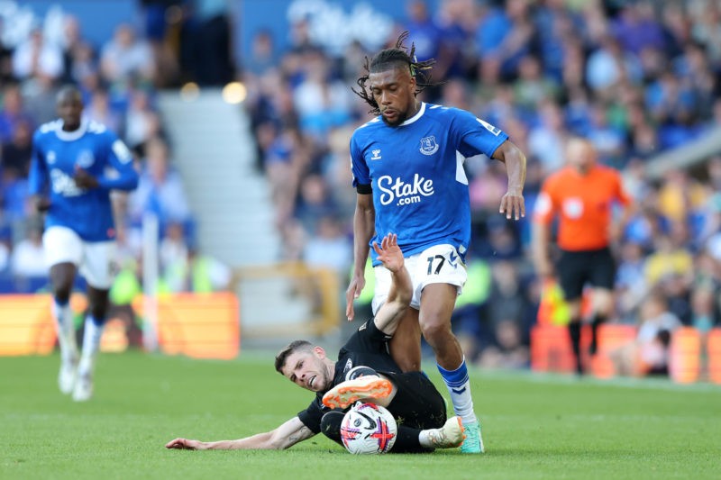 Alex Iwobi Everton Player of the Season - LIVERPOOL, ENGLAND - MAY 28: Ryan Christie of AFC Bournemouth and Alex Iwobi of Everton battle for possession during the Premier League match between Everton FC and AFC Bournemouth at Goodison Park on May 28, 2023 in Liverpool, England. (Photo by Jan Kruger/Getty Images)