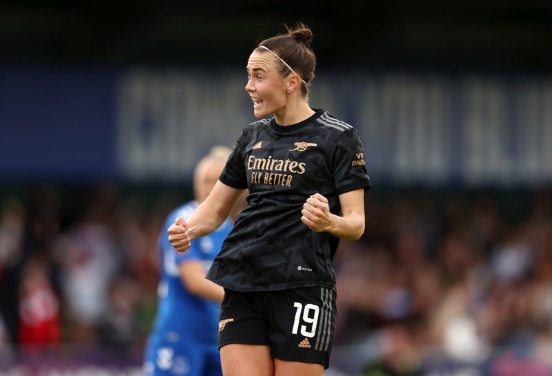 LIVERPOOL, ENGLAND - MAY 17: Caitlin Foord of Arsenal celebrates after scoring the team's first goal during the FA Women's Super League match between Everton FC and Arsenal at Walton Hall Park on May 17, 2023 in Liverpool, England. (Photo by Naomi Baker/Getty Images)
