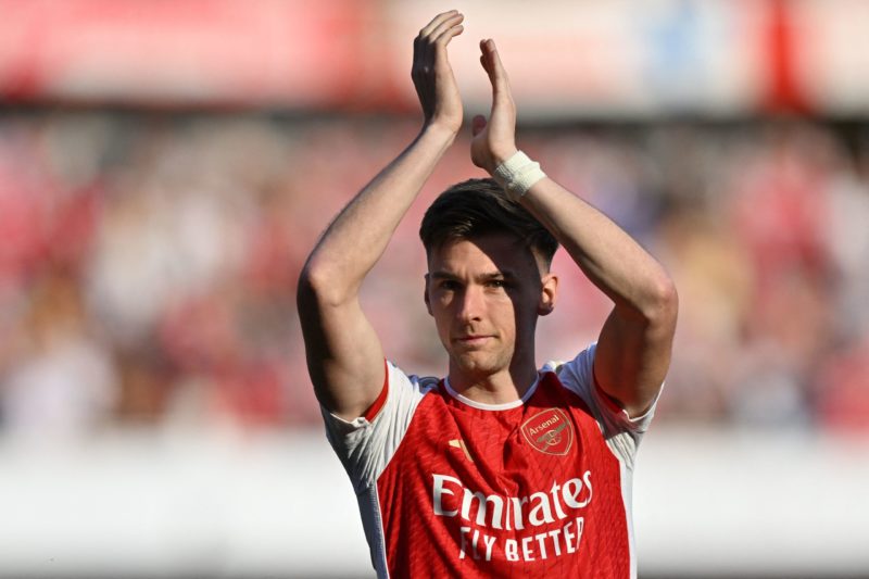 Kieran Tierney Arsenal exit - Arsenal's Scottish defender Kieran Tierney acknowledges supporters at the end of the English Premier League football match between Arsenal and Wolverhampton Wanderers at the Emirates Stadium in London on May 28, 2023. (Photo by GLYN KIRK/AFP via Getty Images)