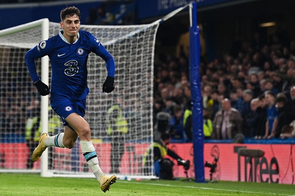 Chelsea's German midfielder Kai Havertz celebrates after scoring his team's second goal during the English Premier League football match between Chelsea and Everton at Stamford Bridge in London on March 18, 2023. (Photo by GLYN KIRK/AFP via Getty Images)