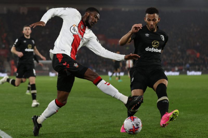  Southampton's English midfielder Ainsley Maitland-Niles (L) vies with Bournemouth's English defender Lloyd Kelly (R) during the English Premier League football match between Southampton and Bournemouth at St Mary's Stadium in Southampton, southern England on April 27, 2023.(Photo by ADRIAN DENNIS/AFP via Getty Images)
