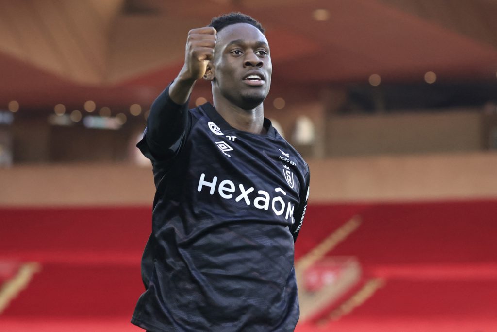 Folarin Balogun Arsenal exit -Reims' English forward Folarin Balogun celebrates after scoring a goal during the French L1 football match between AS Monaco and Stade de Reims at the Louis II Stadium (Stade Louis II) in the Principality of Monaco on March 12, 2023.(Photo by VALERY HACHE/AFP via Getty Images)
