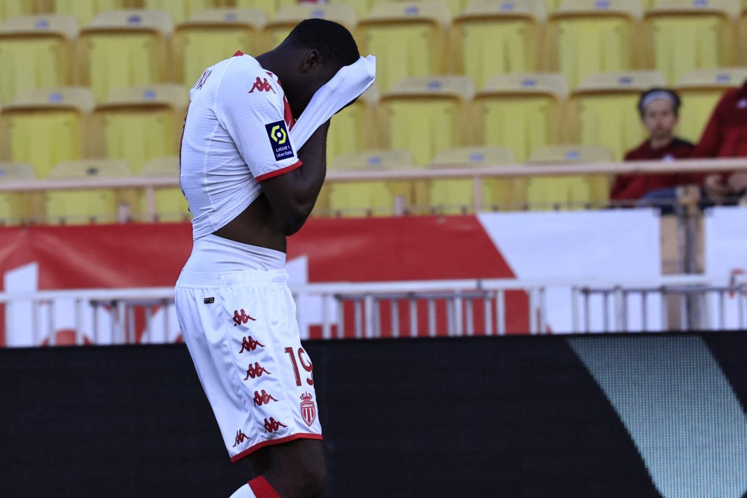 Monaco's French midfielder Youssouf Fofana reacts after receiving a red card during the French L1 football match between AS Monaco and RC Strasbourg Alsace at the Louis II Stadium (Stade Louis II) in the Principality of Monaco on April 02, 2023. (Photo by Valery HACHE / AFP) (Photo by VALERY HACHE/AFP via Getty Images)