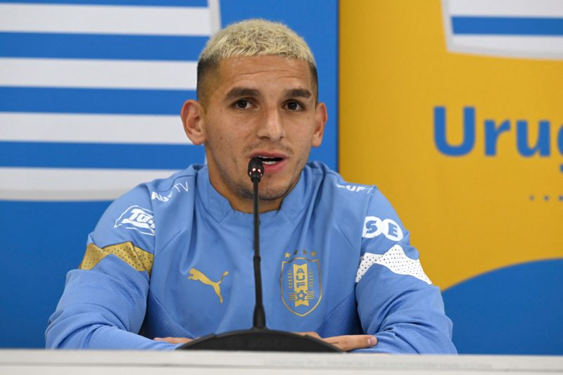 Uruguay's midfielder Lucas Torreira gives a press confernce at Al Erssal in Doha on November 22, 2022 during the Qatar 2022 World Cup football tournament. (Photo by PABLO PORCIUNCULA/AFP via Getty Images)