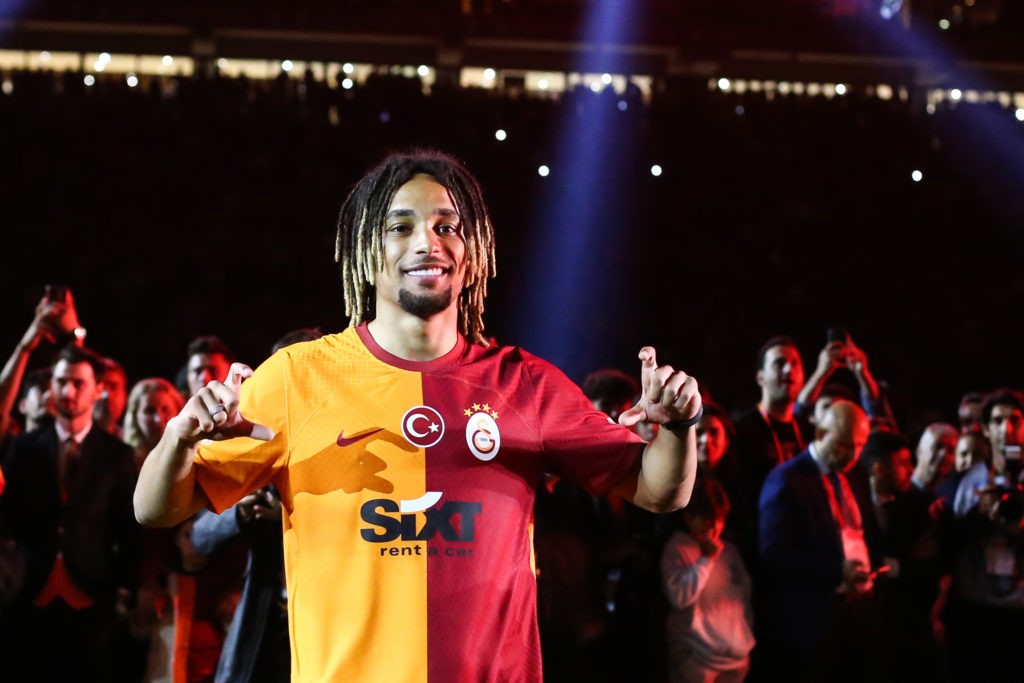 ISTANBUL, TURKEY - JUNE 4: Sacha Boey of Galatasaray celebrates the 3-0 victory against Fenerbahce in the Super Lig match at NEF Stadyumu on June 4, 2023 in Istanbul, Turkey. (Photo by Ahmad Mora/Getty Images)
