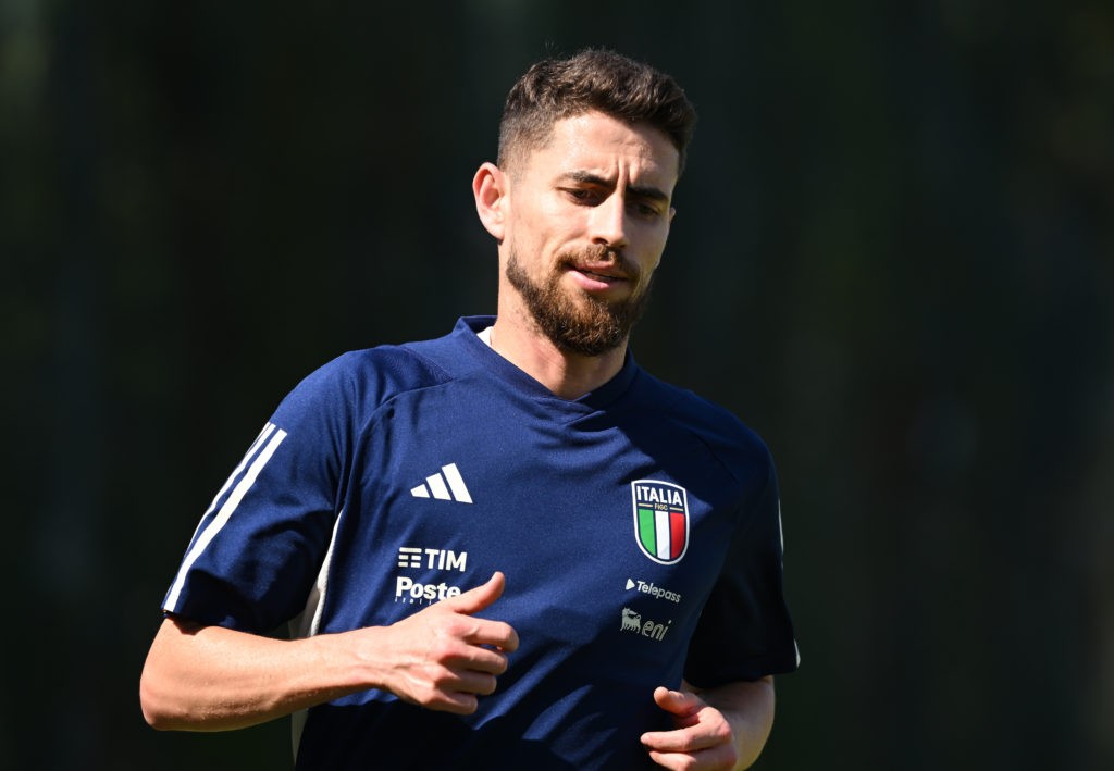 FLORENCE, ITALY - JUNE 07: Jorginho of Italy warms up during training session at Forte Village Resort on June 07, 2023 in Santa Margherita di Pula, Italy. (Photo by Claudio Villa/Getty Images)