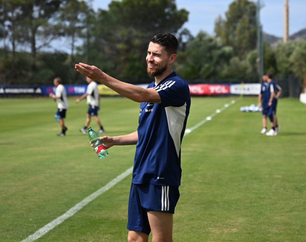 SANTA MARGHERITA DI PULA, ITALY - JUNE 08: Jorginho of Italy reacts during training session at Forte Village Resort on June 08, 2023 in Santa Margherita di Pula, Italy. (Photo by Claudio Villa/Getty Images)