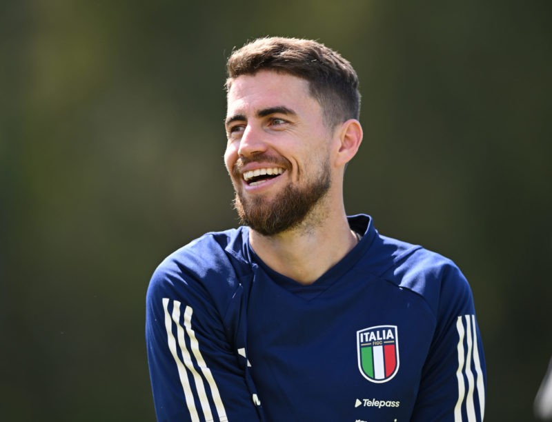 FLORENCE, ITALY - JUNE 06:  Jorginho of Italy looks on during an Italy Training Session at Forte Village Resort on June 06, 2023 in Santa Margherita di Pula, Italy. (Photo by Claudio Villa/Getty Images)