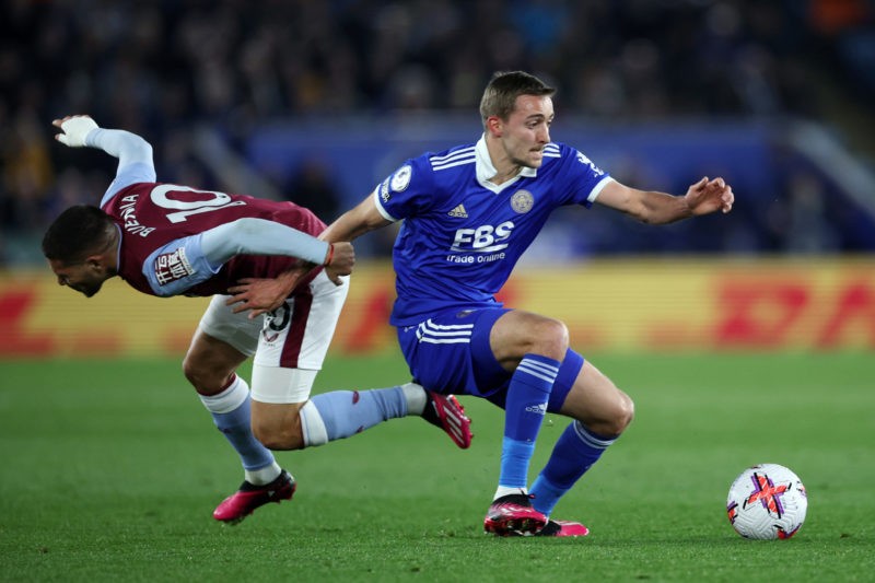 LEICESTER, ENGLAND - APRIL 04: Timothy Castagne of Leicester City is put under pressure by Emi Buendia of Aston Villa during the Premier League match between Leicester City and Aston Villa at The King Power Stadium on April 04, 2023 in Leicester, England. (Photo by Eddie Keogh/Getty Images)
