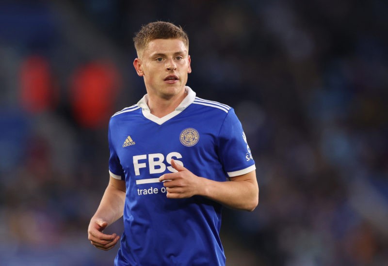 LEICESTER, ENGLAND - MAY 01: Harvey Barnes of Leicester City during the Premier League match between Leicester City and Everton FC at The King Power Stadium on May 01, 2023 in Leicester, England. (Photo by Catherine Ivill/Getty Images)