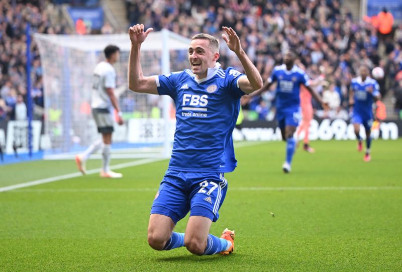LEICESTER, ENGLAND - APRIL 22: Timothy Castagne of Leicester City celebrates after scoring the team's second goal during the Premier League match between Leicester City and Wolverhampton Wanderers at The King Power Stadium on April 22, 2023 in Leicester, England. (Photo by Clive Mason/Getty Images)