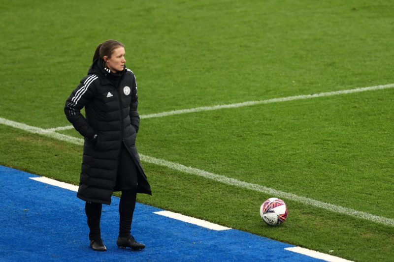 LEICESTER, ENGLAND - JANUARY 16: Lydia Bedford, Manager of Leicester City looks on during the Barclays FA Women's Super League match between Leicester City Women and Brighton & Hove Albion Women at The King Power Stadium on January 16, 2022 in Leicester, England. (Photo by Naomi Baker/Getty Images)
