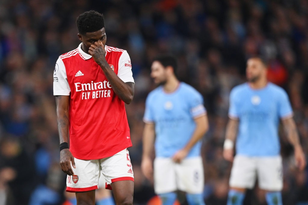 MANCHESTER, ENGLAND - APRIL 26: Thomas Partey of Arsenal reacts after Manchester City scored their sides second goal during the Premier League match between Manchester City and Arsenal FC at Etihad Stadium on April 26, 2023 in Manchester, England. (Photo by Michael Regan/Getty Images)