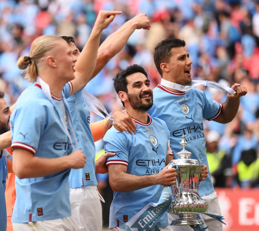 LONDON, ENGLAND - JUNE 03: Ilkay Guendogan of Manchester City celebrates with the FA Cup Trophy after the team's victory during the Emirates FA Cup Final between Manchester City and Manchester United at Wembley Stadium on June 03, 2023 in London, England. (Photo by Mike Hewitt/Getty Images)