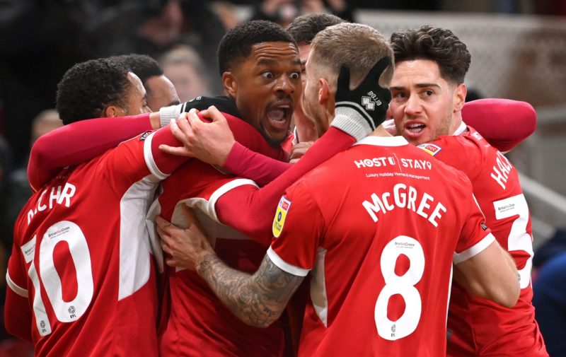 MIDDLESBROUGH, ENGLAND - MARCH 14: Middlesbrough striker Chuba Akpom (c) celebrates with team mates after scoring the opening goal during the Sky Bet Championship between Middlesbrough and Stoke City at Riverside Stadium on March 14, 2023 in Middlesbrough, England. (Photo by Stu Forster/Getty Images)