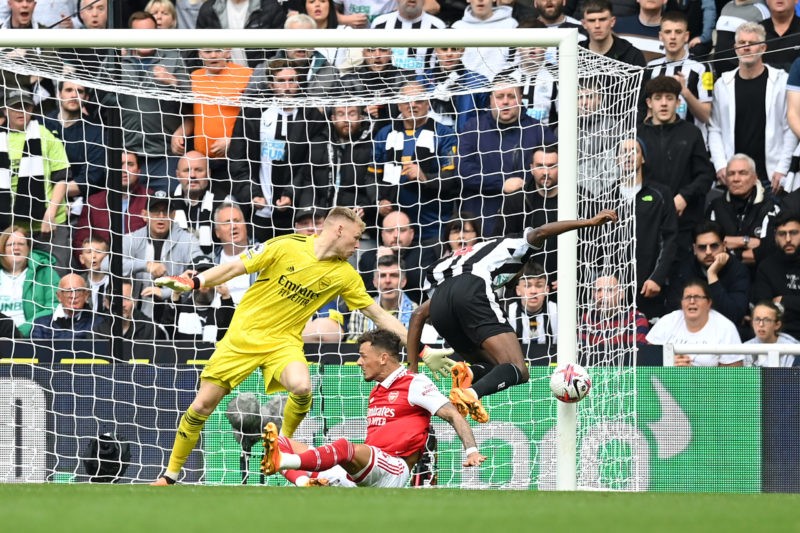 NEWCASTLE UPON TYNE, ENGLAND - MAY 07: Aaron Ramsdale of Arsenal looks on as a shot from Alexander Isak of Newcastle United hits the post whilst under pressure from Ben White during the Premier League match between Newcastle United and Arsenal FC at St. James Park on May 07, 2023 in Newcastle upon Tyne, England. (Photo by Michael Regan/Getty Images)