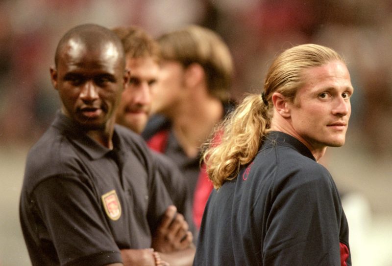 3 Aug 2000: Patrick Vieira (left) of Arsenal chats to former team-mate Emmanuel Petit (right) of Barcelona during the Pre-Season Friendly Tournament match at the Amsterdam ArenA, in Amsterdam, Holland. Barcelona won the match 2-1. Mandatory Credit: Shaun Botterill /Allsport