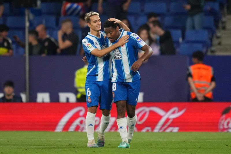 BARCELONA, SPAIN - JUNE 04: Ronael Pierre-Gabriel of RCD Espanyol celebrates with teammate Denis Suarez after scoring the team's second goal after scoring the team's second goal  during the LaLiga Santander match between RCD Espanyol and UD Almeria at RCDE Stadium on June 04, 2023 in Barcelona, Spain. (Photo by Alex Caparros/Getty Images)