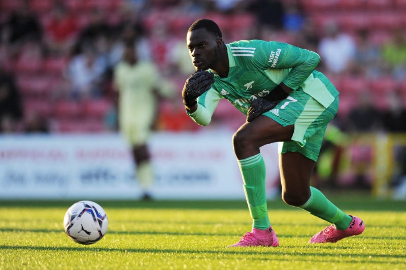 SWINDON, ENGLAND - SEPTEMBER 07: Ovie Ejeheri of Arsenal passes the ball during the Papa John's Trophy match between Swindon Town and Arsenal U21 at County Ground on September 07, 2021 in Swindon, England. (Photo by Alex Burstow/Getty Images)