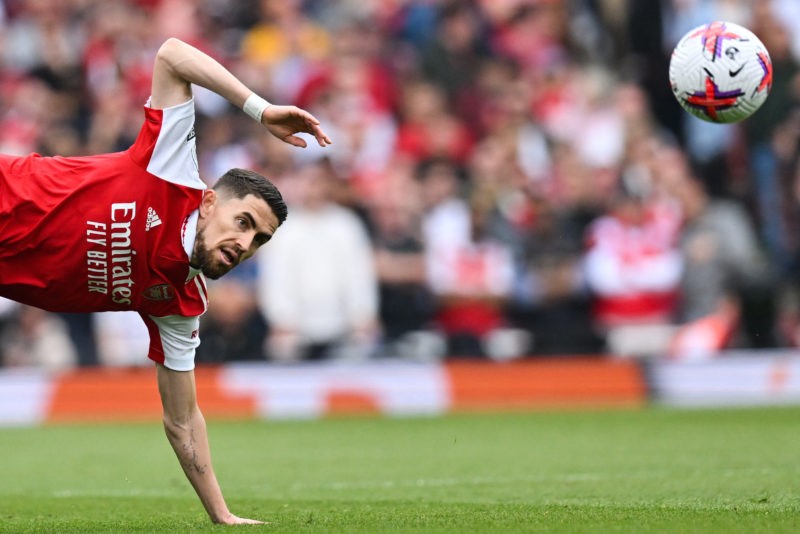 TOPSHOT - Arsenal's Italian midfielder Jorginho eyes the ball during the English Premier League football match between Arsenal and Brighton and Hove Albion at the Emirates Stadium in London on May 14, 2023. (Photo by GLYN KIRK/AFP via Getty Images)