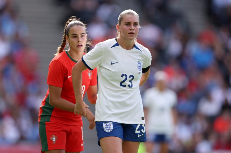 MILTON KEYNES, ENGLAND - JULY 01: Alessia Russo of England and Ana Borges of Portugal look on during the Women's International Friendly match between England and Portugal at Stadium mk on July 01, 2023 in Milton Keynes, England. (Photo by Richard Heathcote/Getty Images)