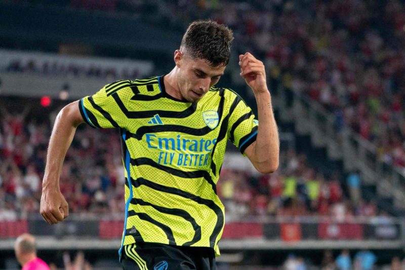 Arsenal's Kai Havertz celebrates after scoring a goal during a friendly football match between the Major League Soccer (MLS) All-Star team and Arsenal FC, at Audi Field in Washington, DC, on July 19, 2023. (Photo by STEFANI REYNOLDS/AFP via Getty Images)