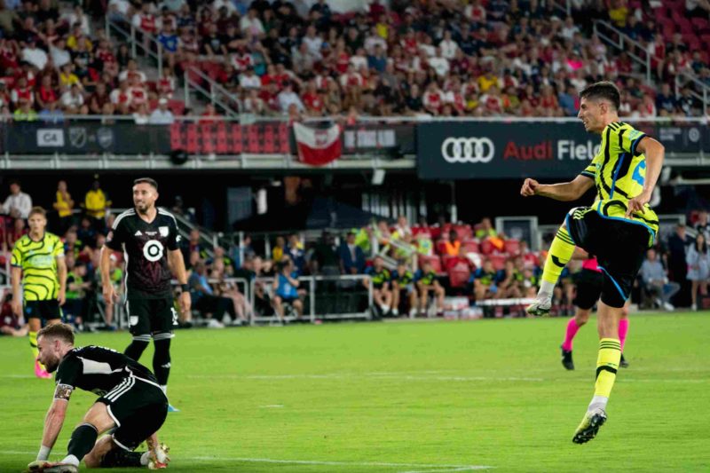 Arsenal's Kai Havertz (R) scores a goal during a friendly football match between the Major League Soccer (MLS) All-Star team and Arsenal FC, at Audi Field in Washington, DC, on July 19, 2023. (Photo by STEFANI REYNOLDS/AFP via Getty Images)