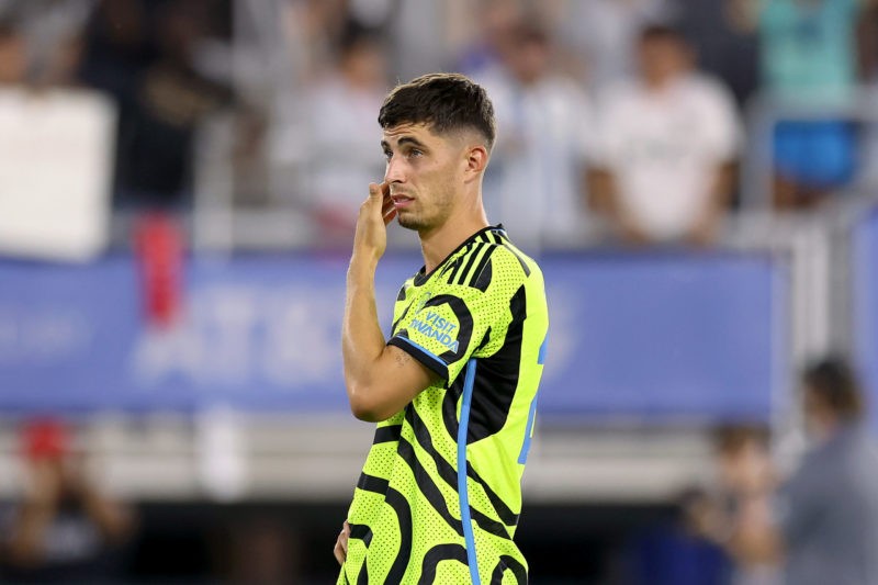 WASHINGTON, DC - JULY 18: Kai Havertz #29 of Arsenal FC reacts during the MLS All-Star Skills Challenge between Arsenal FC and MLS All-Stars at Audi Field on July 18, 2023 in Washington, DC. (Photo by Tim Nwachukwu/Getty Images)