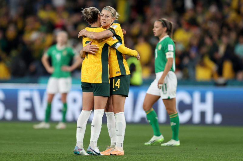 SYDNEY, AUSTRALIA - JULY 20: Steph Catley and Alanna Kennedy of Australia celebrate the team's 1-0 victory in the FIFA Women's World Cup Australia & New Zealand 2023 Group B match between Australia and Ireland at Stadium Australia on July 20, 2023 in Sydney, Australia. (Photo by Brendon Thorne/Getty Images)