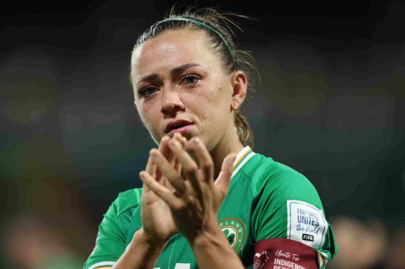 PERTH, AUSTRALIA - JULY 26: Katie McCabe of Republic of Ireland applauds fans after her team's 1-2 defeat in the FIFA Women's World Cup Australia & New Zealand 2023 Group B match between Canada and Ireland at Perth Rectangular Stadium on July 26, 2023 in Perth, Australia. (Photo by Paul Kane/Getty Images)