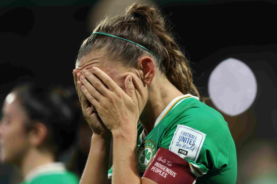 PERTH, AUSTRALIA - JULY 26: Katie McCabe of Republic of Ireland reacts after being defeated during the FIFA Women's World Cup Australia & New Zealand 2023 Group B match between Canada and Ireland at Perth Rectangular Stadium on July 26, 2023 in Perth, Australia. (Photo by Paul Kane/Getty Images)