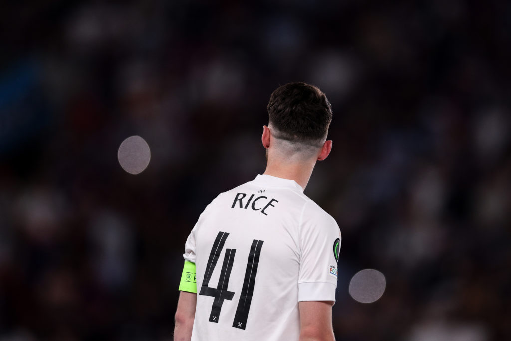 PRAGUE, CZECH REPUBLIC - JUNE 07: Declan Rice, Captain of West Ham United looks out across the pitch after the team's victory during the UEFA Europa Conference League 2022/23 final match between ACF Fiorentina and West Ham United FC at Eden Arena on June 07, 2023 in Prague, Czech Republic. (Photo by Richard Heathcote/Getty Images)
