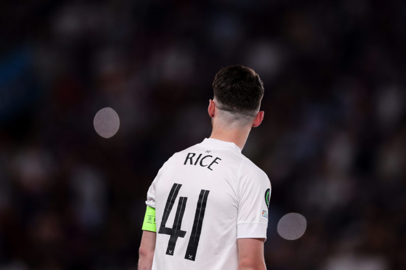 PRAGUE, CZECH REPUBLIC - JUNE 07: Declan Rice, Captain of West Ham United looks out across the pitch after the team's victory during the UEFA Europa Conference League 2022/23 final match between ACF Fiorentina and West Ham United FC at Eden Arena on June 07, 2023 in Prague, Czech Republic. (Photo by Richard Heathcote/Getty Images)