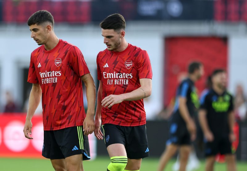 WASHINGTON, DC - JULY 19: Kai Havertz #29 and Declan Rice #41 of Arsenal FC warm up prior to the MLS All-Star Game between Arsenal FC and MLS All-Stars at Audi Field on July 19, 2023 in Washington, DC. (Photo by Tim Nwachukwu/Getty Images)