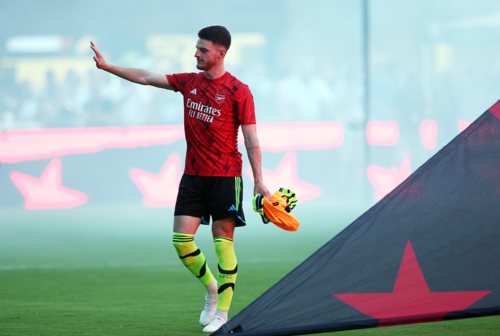 WASHINGTON, DC - JULY 19: Declan Rice #41 of Arsenal FC warms up prior to the MLS All-Star Game between Arsenal FC and MLS All-Stars at Audi Field on July 19, 2023 in Washington, DC. (Photo by Tim Nwachukwu/Getty Images)