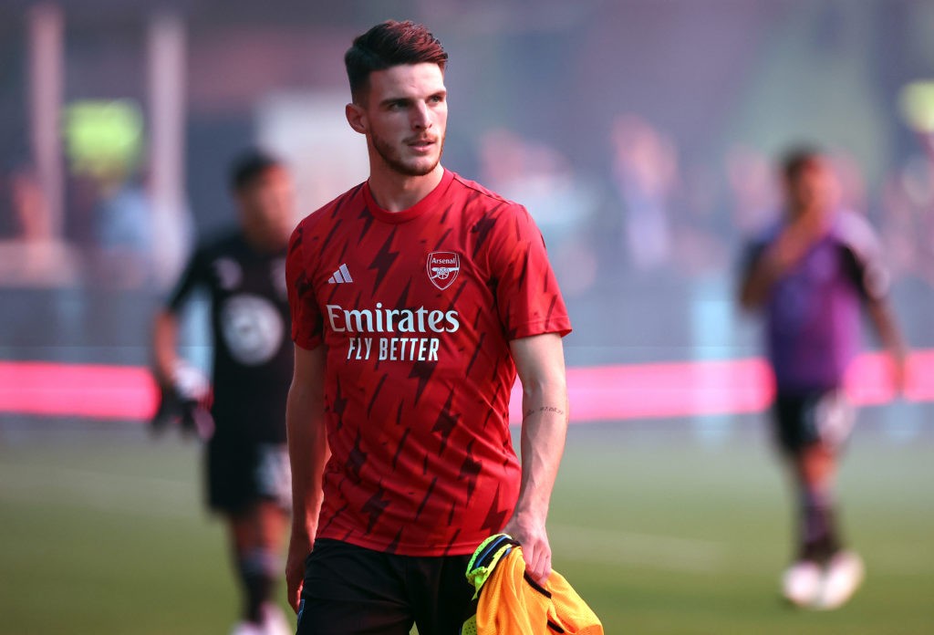 WASHINGTON, DC - JULY 19: Declan Rice #41 of Arsenal FC warms up prior to the MLS All-Star Game between Arsenal FC and MLS All-Stars at Audi Field on July 19, 2023 in Washington, DC. (Photo by Tim Nwachukwu/Getty Images)